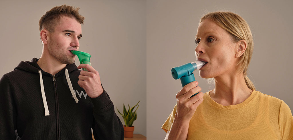 man using powerbreathe plus and lady using powerbreathe classic light resistance level and woman using Plus light resistance level