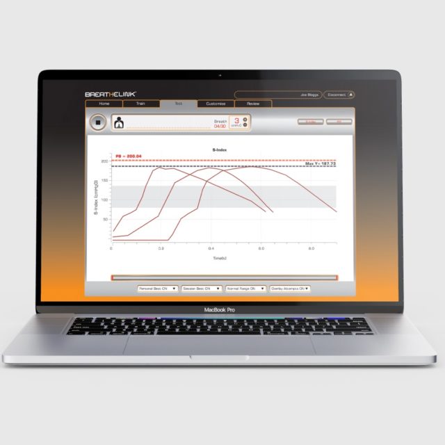 The data recorded from a POWERbreathe device is being shown on a laptop.