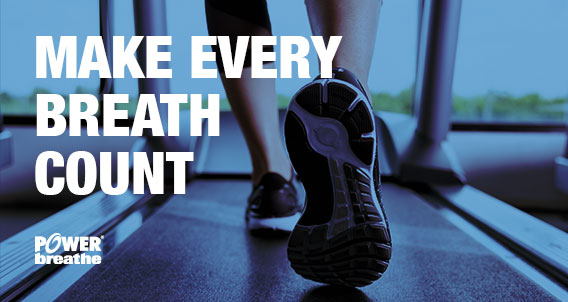 A shot of feet running on a treadmill with text imposed on top reading 'make every breath count'.