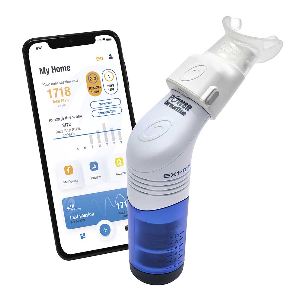 A Smart Adaptor on its own, a Smart Adaptor fitted on an EX1 and a Phone screen showing the ActiBreathe App