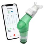 A Smart Adaptor on its own, a Smart Adaptor fitted on a Plus and a Phone screen showing the ActiBreathe App